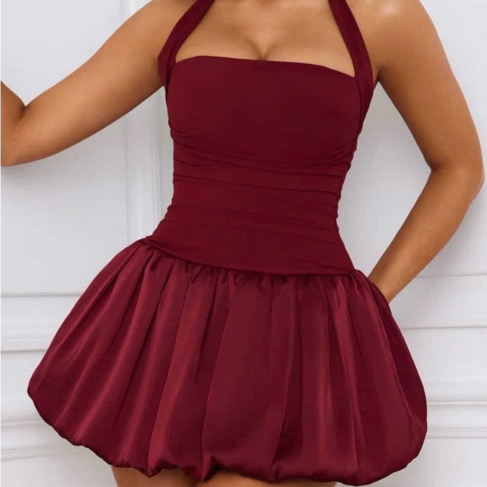 Oh Polly - Ludmila Halterneck Lace-Up Bubble Hem Corset Micro Mini Dress